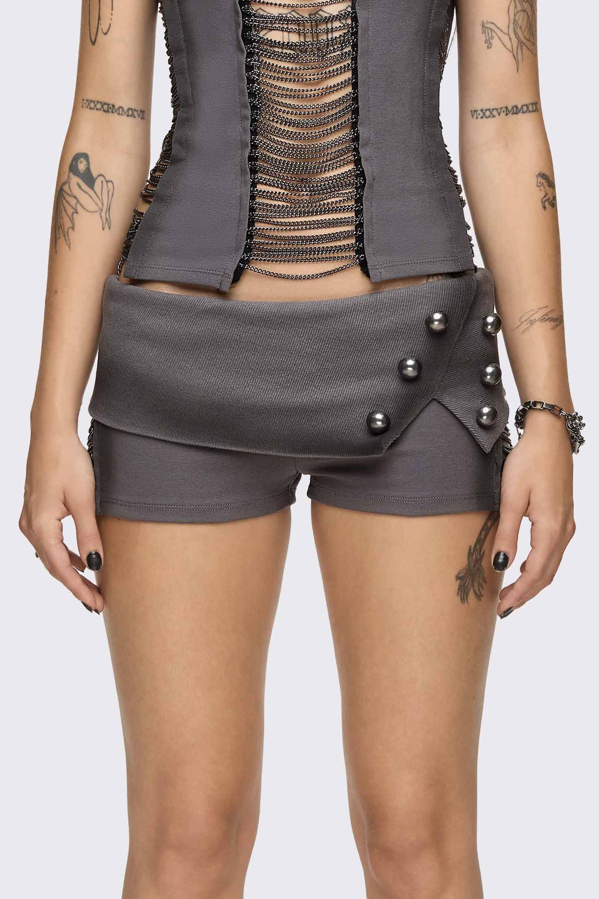Wired Dark Grey Chain Mini Shorts | Minga London Great Value