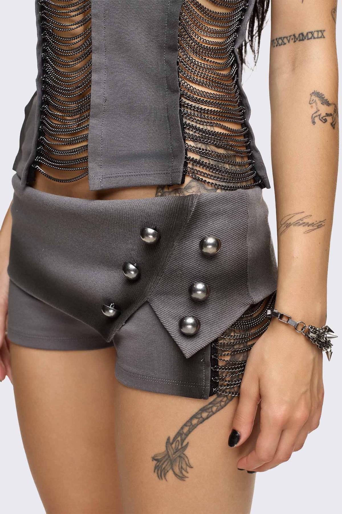 Wired Dark Grey Chain Mini Shorts | Minga London Great Value
