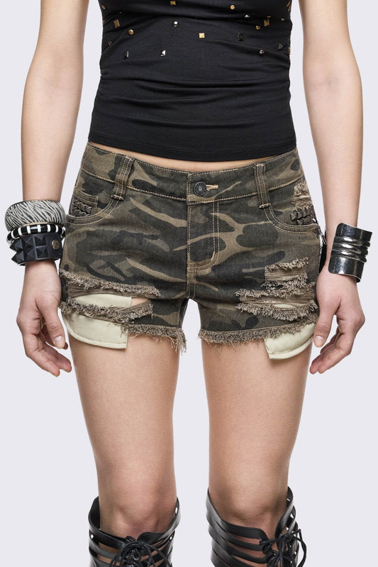 Army Camo Mini Denim Shorts | Minga London Classic