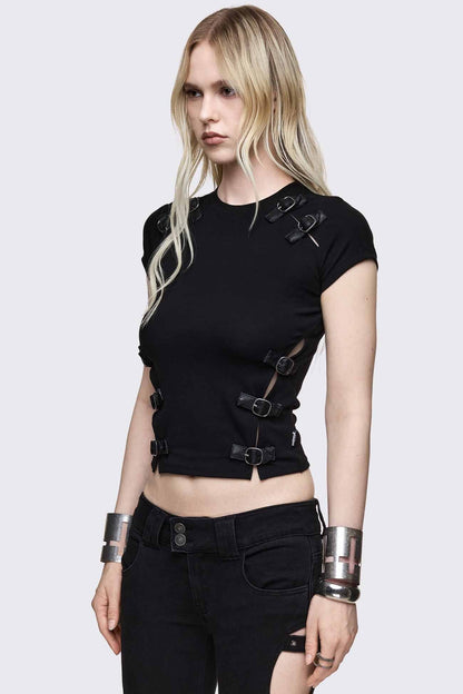 Oblivion Buckle Cut Out Baby Tee | Minga London Value