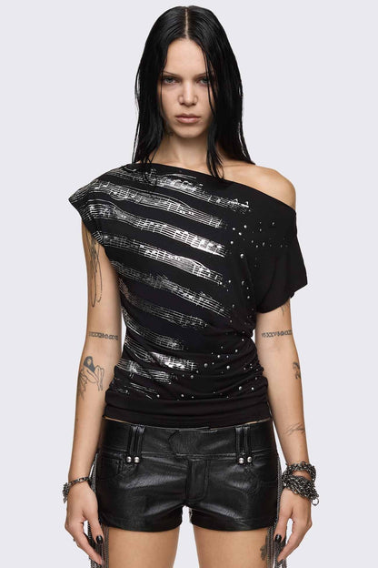 Rhapsophy Graphic Studded Off-Shoulder Top | Minga London Best Seller