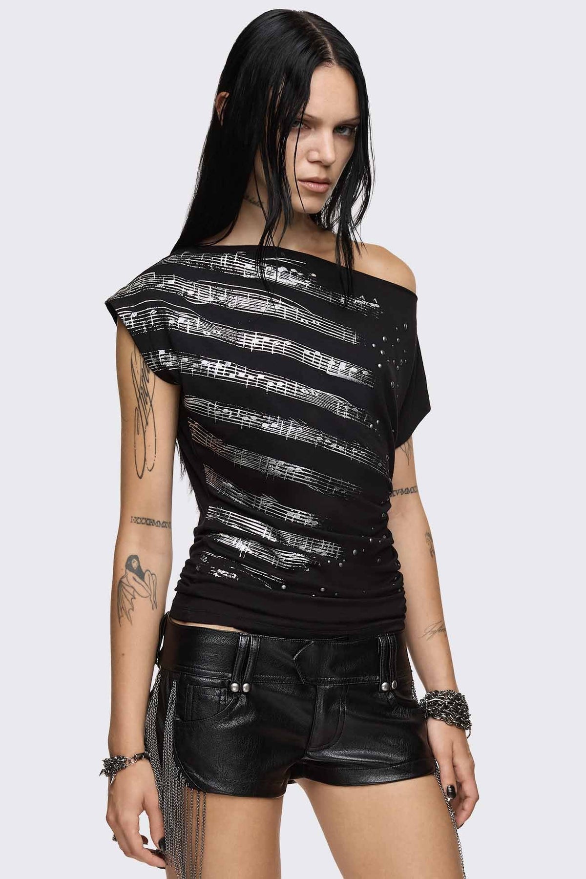 Rhapsophy Graphic Studded Off-Shoulder Top | Minga London Best Seller