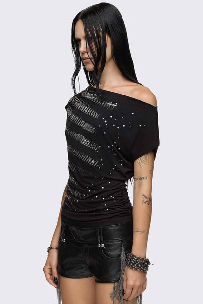 Rhapsophy Graphic Studded Off-Shoulder Top | Minga London Best Seller