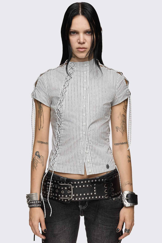 Sweet Ruin Striped Lace-Up Blouse | Minga London Value