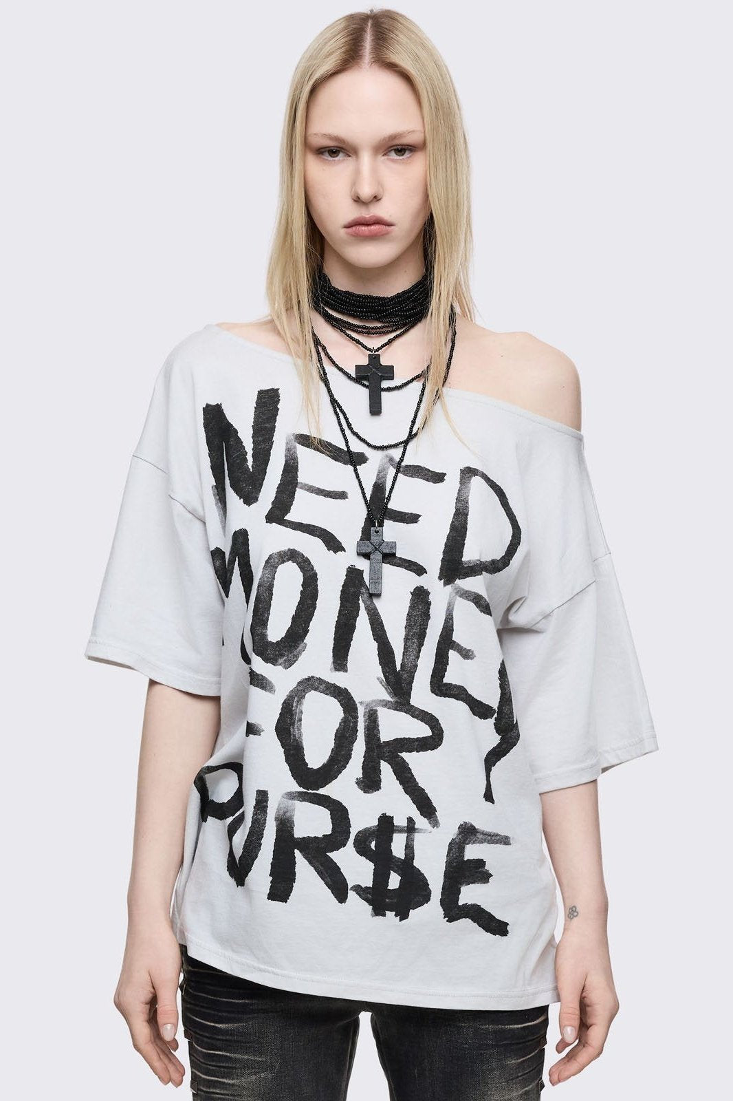 Need Money Off-Shoulder T-Shirt | Minga London Essential