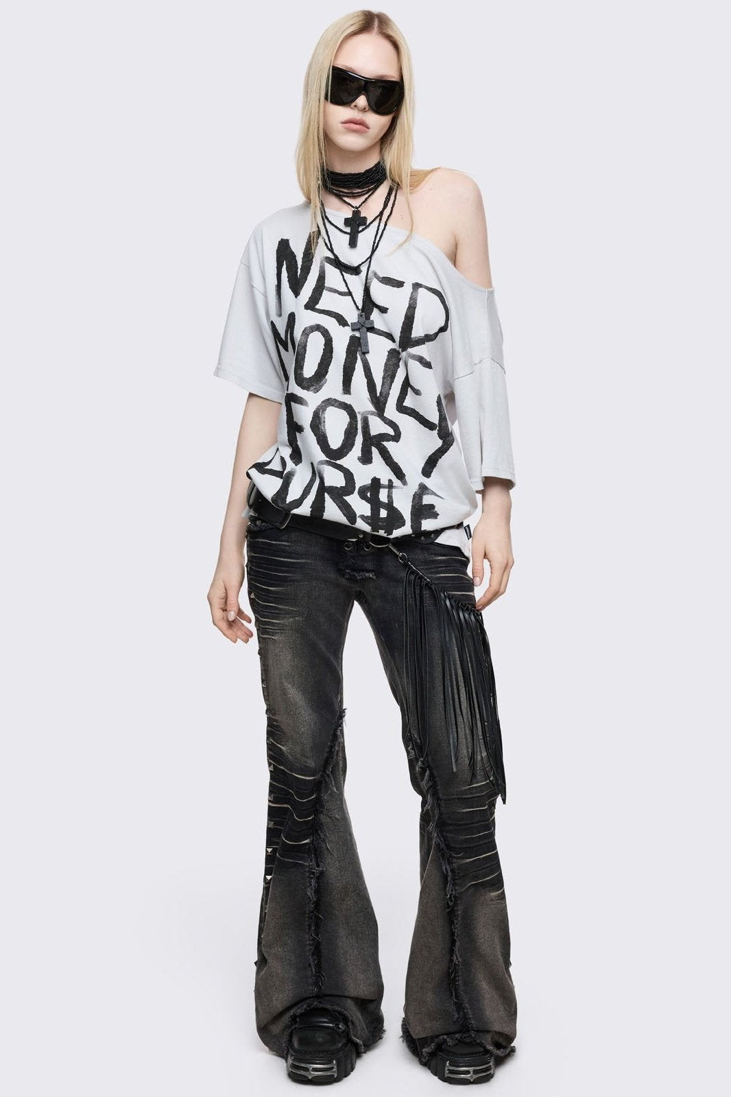 Need Money Off-Shoulder T-Shirt | Minga London Essential