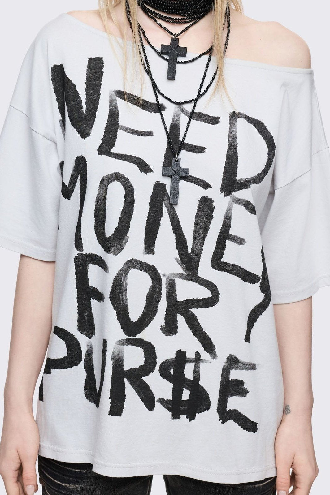 Need Money Off-Shoulder T-Shirt | Minga London Essential