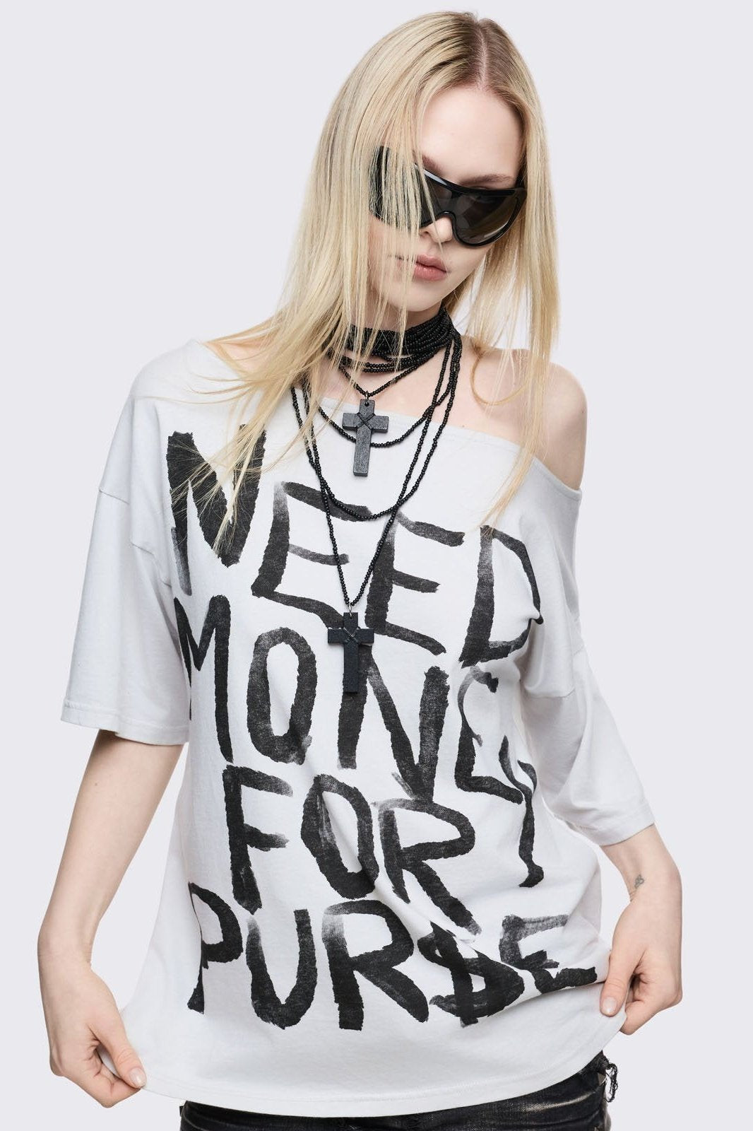 Need Money Off-Shoulder T-Shirt | Minga London Essential