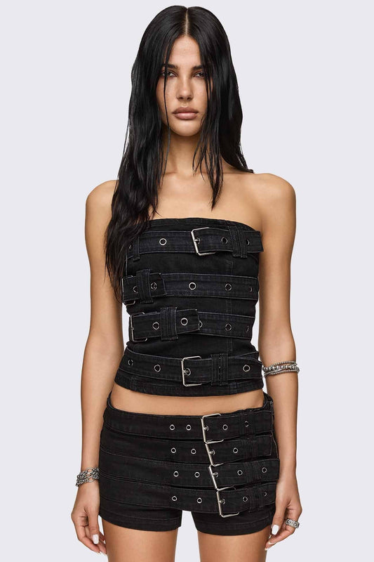 Kendrix Belted Denim Bandeau Top | Minga London Deals