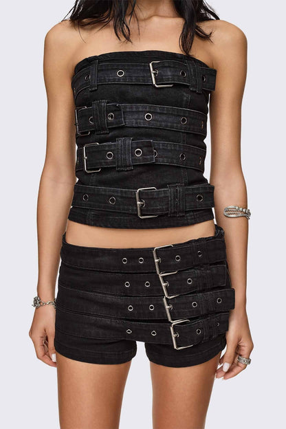 Kendrix Belted Denim Bandeau Top | Minga London Deals