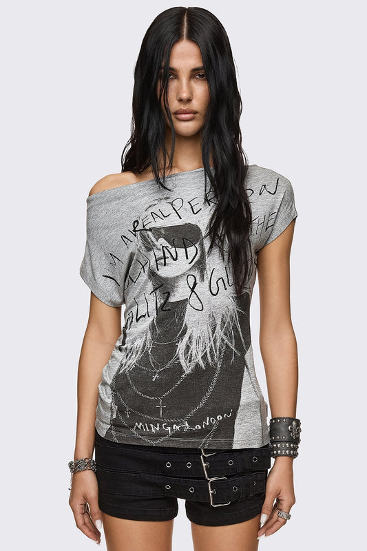 Glitz & Glitter Graphic Off-Shoulder Top | Minga London Popular