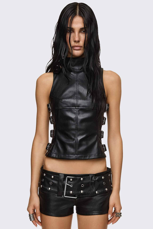 Omen Buckle Faux Leather Top | Minga London Customer Favorite