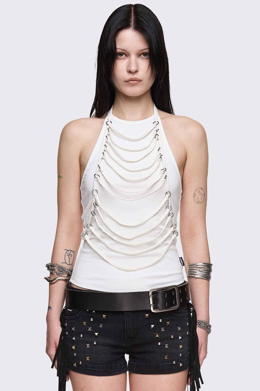 Unravel White Layered Chain Halter Top | Minga London Essential