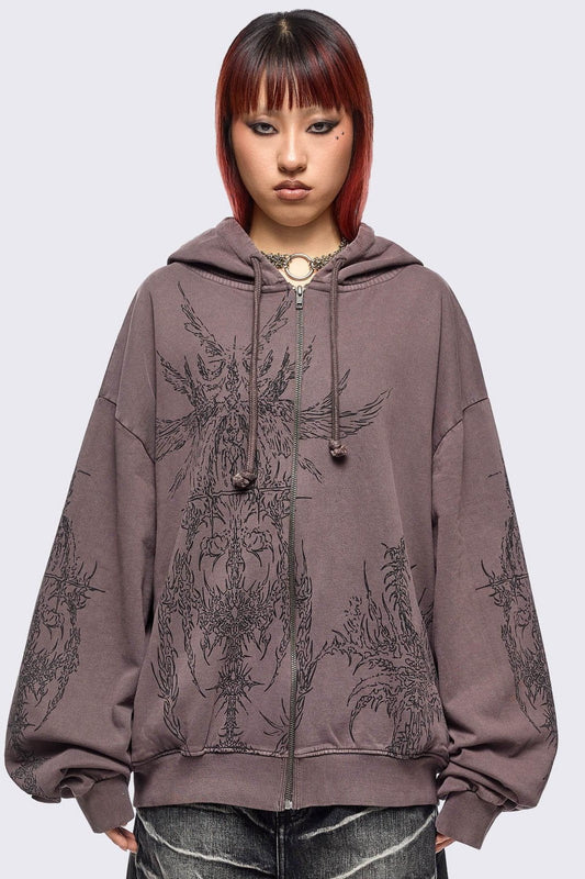 Enigmatic Brown Washed Zip Up Hoodie | Minga London Signature