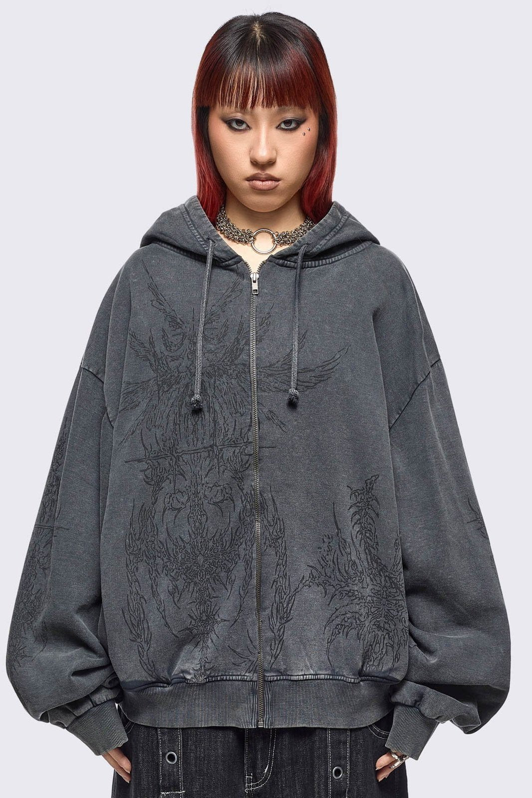Enigmatic Grey Washed Zip Up Hoodie | Minga London New