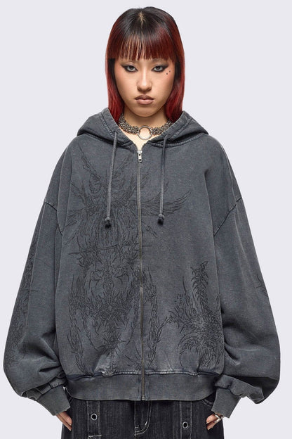 Enigmatic Grey Washed Zip Up Hoodie | Minga London New