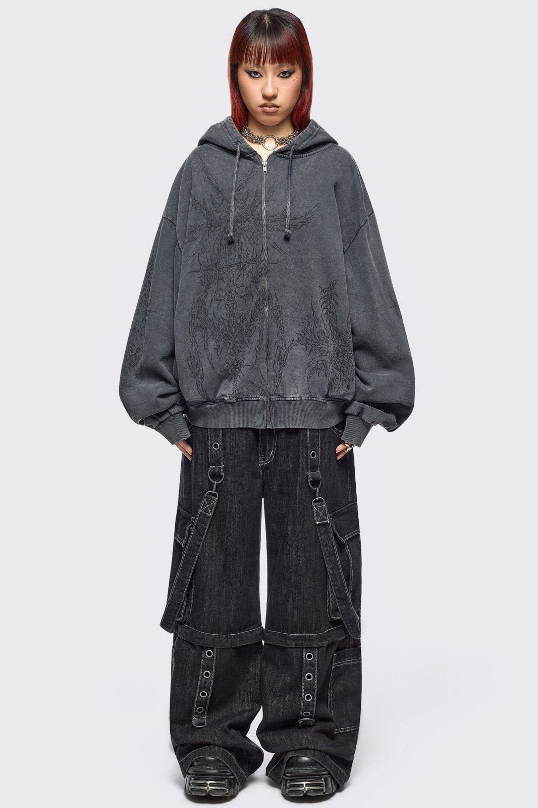 Enigmatic Grey Washed Zip Up Hoodie | Minga London New