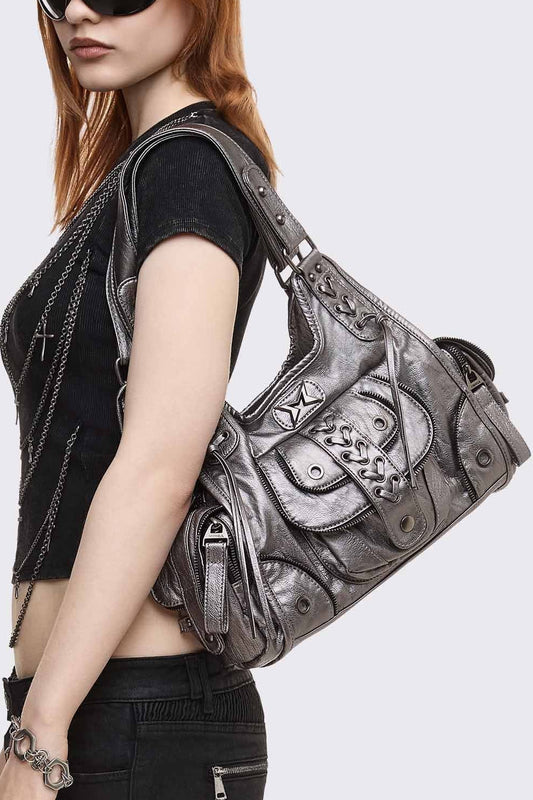 Jules Silver Faux Leather Shoulder Bag | Minga London Quality