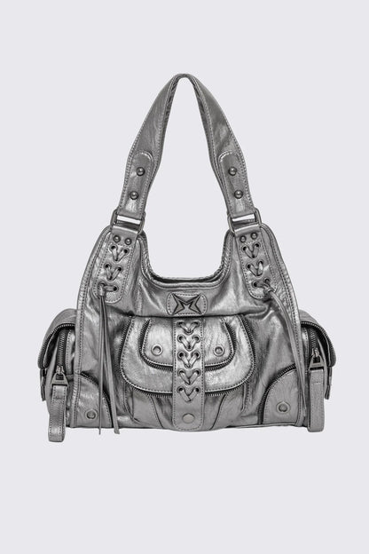 Jules Silver Faux Leather Shoulder Bag | Minga London Quality