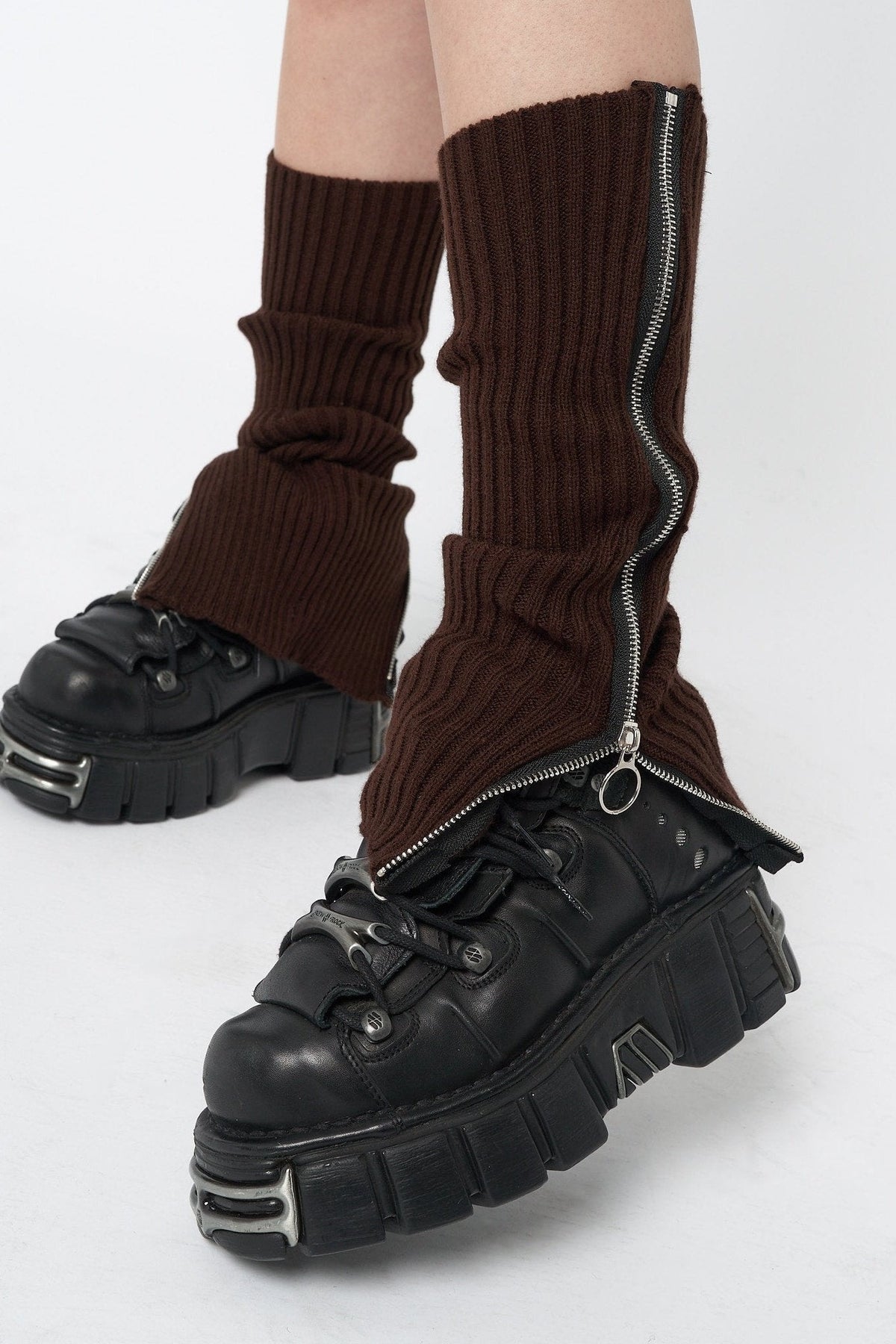 Downtown Brown Zip Up Leg Warmers | Minga London New
