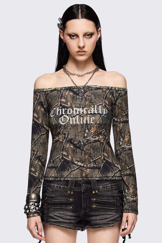 Forest Tree Camo Off-Shoulder Top | Minga London Deals