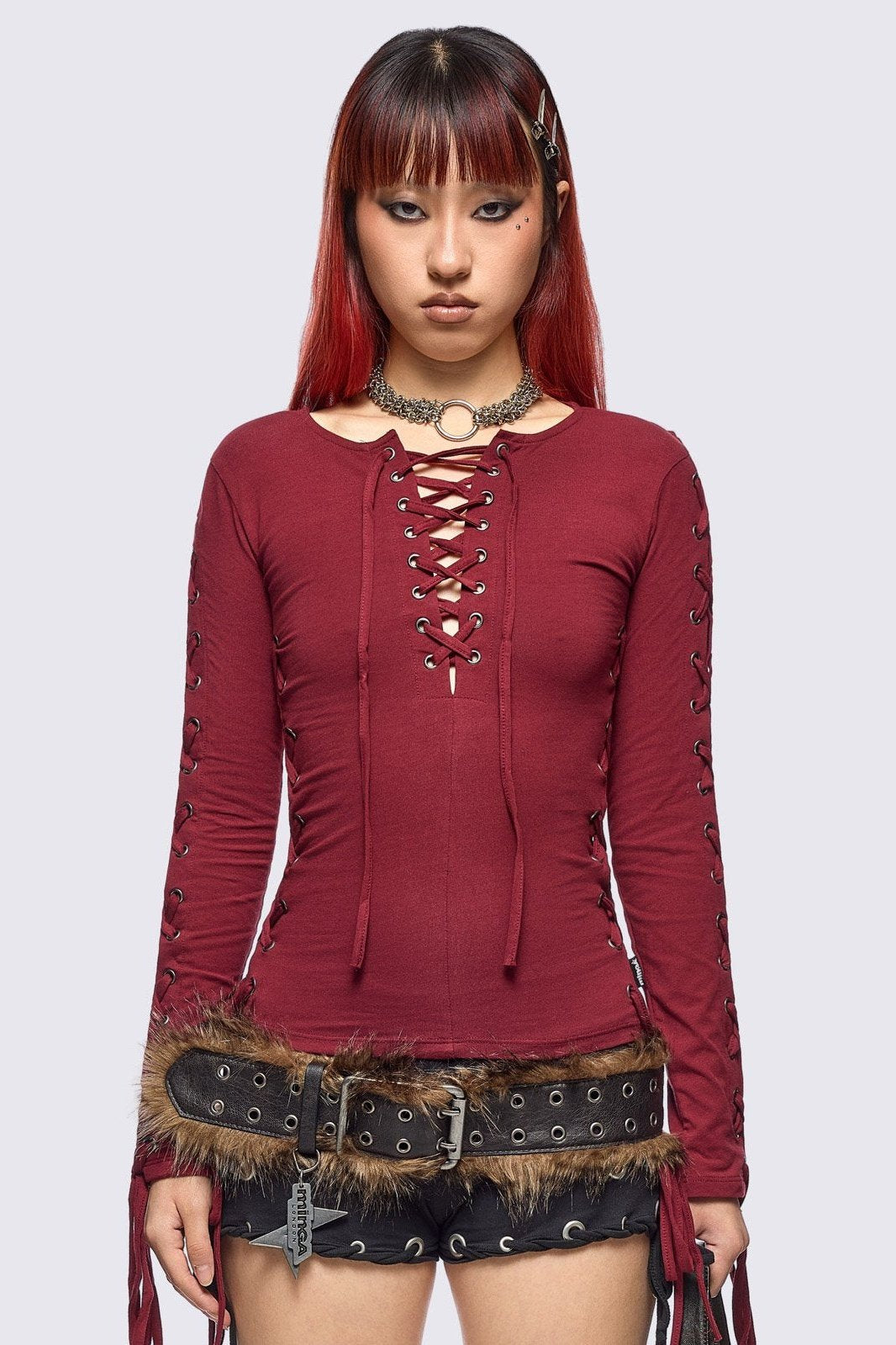 Khaela Burgundy Lace-Up Top | Minga London Quality
