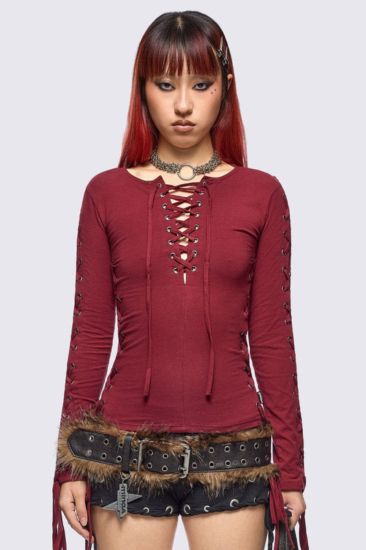 Khaela Burgundy Lace-Up Top | Minga London Quality