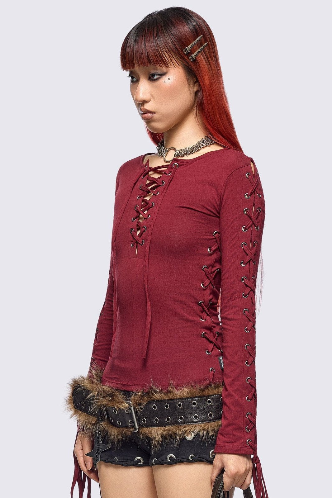 Khaela Burgundy Lace-Up Top | Minga London Quality