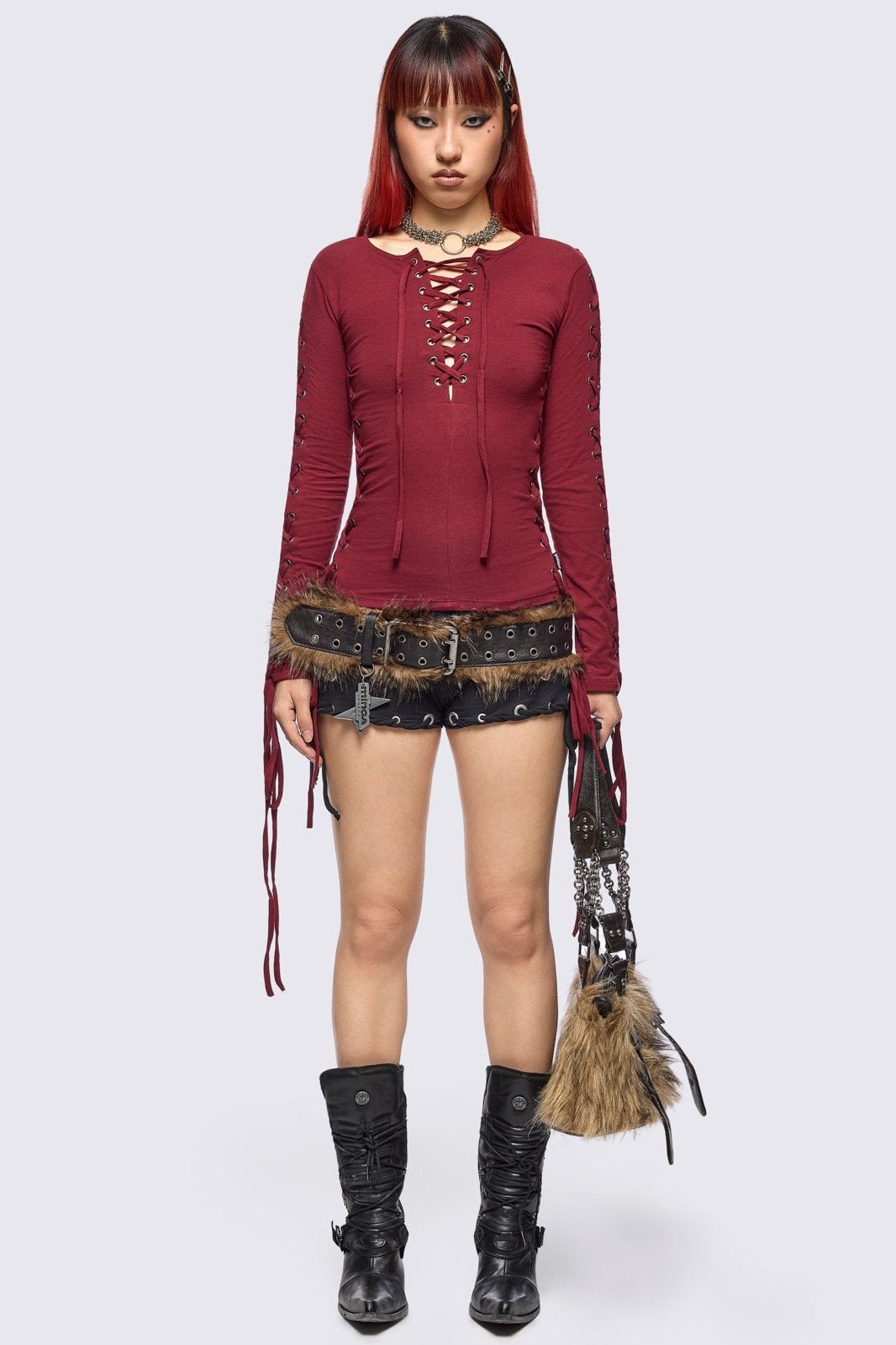 Khaela Burgundy Lace-Up Top | Minga London Quality